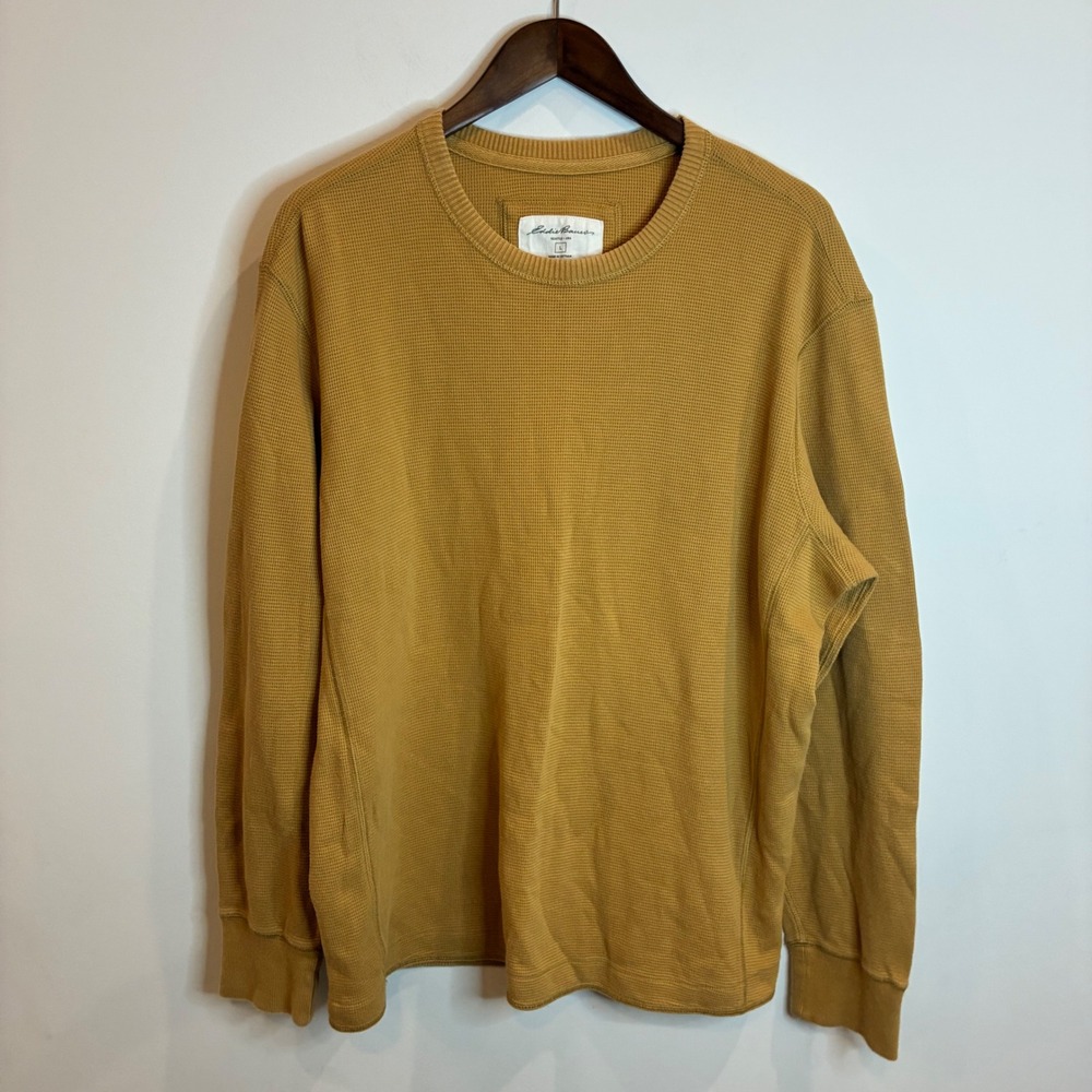 Eddie Bauer Mens Large Mustard Yellow Waffle Knit Thermal Long Sleeve Shirt